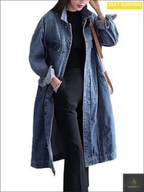 Womens Classic Denim Trench Coat Plus Size Button Down Long Jean Jacket